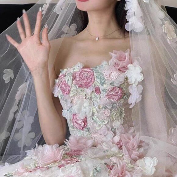 Fairy Tale Blush Pink Floral Appliqué Ball Gown Sweetheart Sequin Wedding Dress - Picture 1 of 5